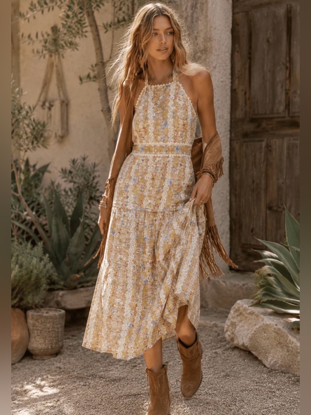 SLEEVELESS HALTER NECK SMOCK FLORAL EMBROIDERY DRESS